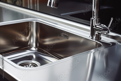 Stainless steel shiny perfectly clean kitchen sink with a tap. New modern house, clean kitchen. Plumber installed new sink.