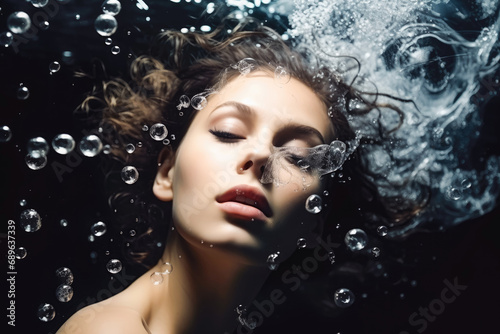 Portrait of a beautiful pretty model woman swimming under the water with bubbles. Face, bubbles, clean water, drowning, gasping for air.