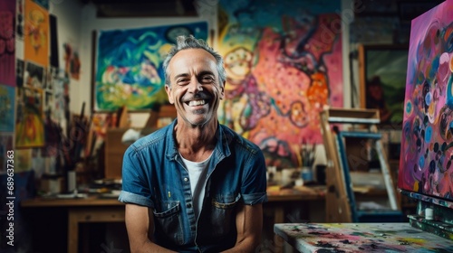 Portrait of a joyful artist in a studio, with a colorful canvas in the background. © Emil