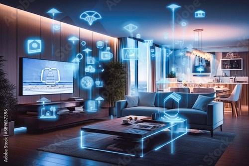 Concept art of a digital smart technology in a house, flat. Holograph. Modern living room with blue and white virtual reality interface and icons.