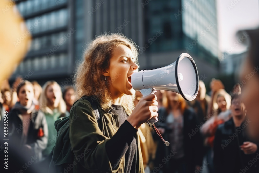 Woman shouting through megaphone on environmental protest in a crowd, big city. Fighting for environment, climate change, global warming. - obrazy, fototapety, plakaty 