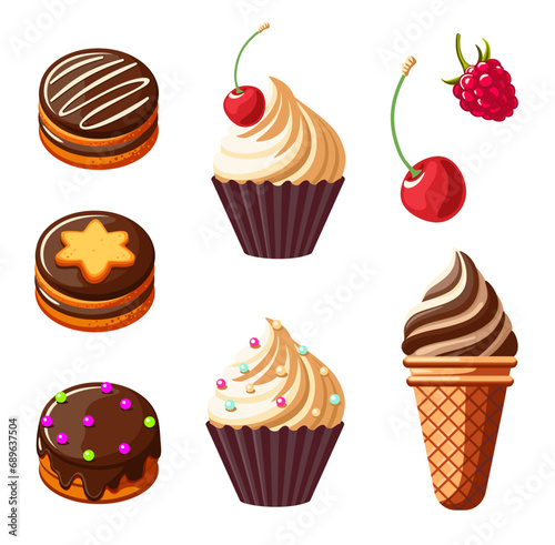Set chocolate desserts and sweets isolated on white background. Sandwich cookies, ice cream, cupcake and berries logo vector cartoon illustration in eps 10