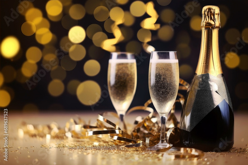 Glasses of champagne on a festive background, party or holiday concept. New Year or Christmas sparkling background with copy space. Gold and black colors.