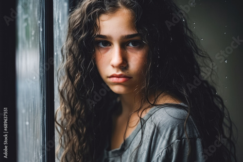 Beautiful young girl sad and depressed looking out of the window with raindrops on glass window on rainy day. Importance of Mental health