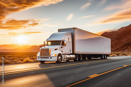 White cargo truck with a white blank empty trailer for ad on a highway road in the united states. beautiful nature mountains and sky. golden hour sunset. driving in motion. photo