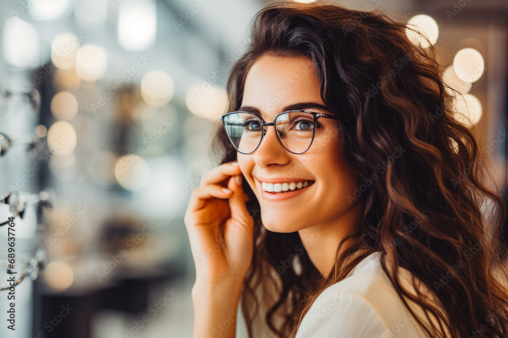 Woman trying new glasses in the optics, mixed race. Choosing new glasses. Couples in optics store, shopping for glasses, mixed race.