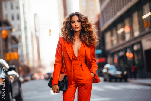Business woman in vibrant red power suit walking down the street. Her hair flows freely in loose waves, elegant and sexy She carries a modern, stylish handbag.