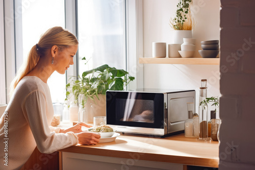 Woman putting food in a modern white and black microwave in a house on the kitchen table. Preparing a breakfast in clean kitchen.