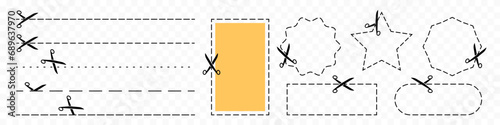 Set of cut here scissors lines, shapes. Icon of scissors with dash line for paper, coupon and voucher