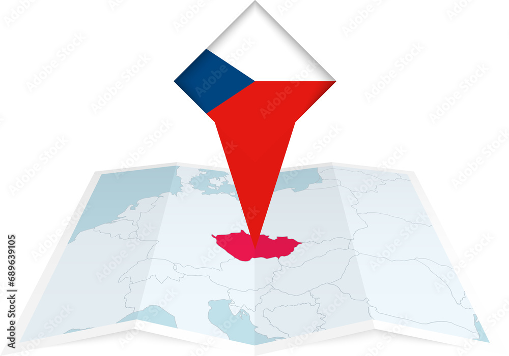 Czech Republic pin flag and map on a folded map - obrazy, fototapety, plakaty 