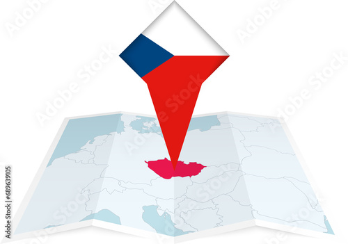 Czech Republic pin flag and map on a folded map photo