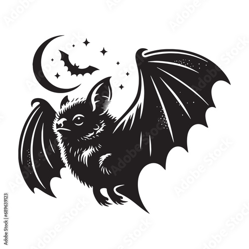 Bat silhouette: Intricately detailed bat bird in flight, a striking silhouette against the night. High-quality black vector bat silhouette.