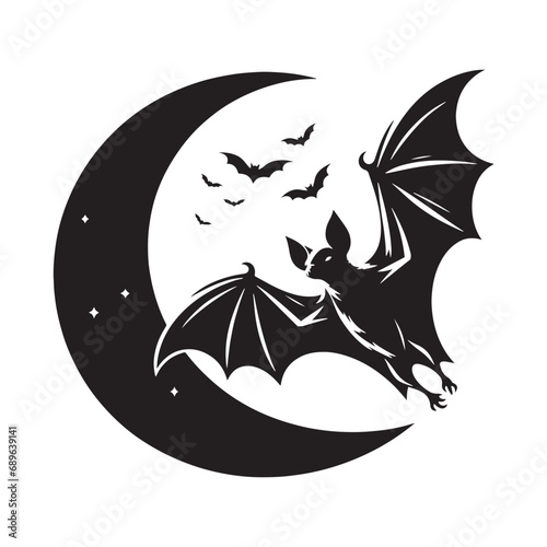 Bat silhouette: Intricately detailed bat bird in flight, a striking silhouette against the night. High-quality black vector bat silhouette.

