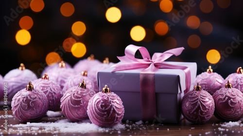 A Festive Gift Box with a Pink Ribbon and Ornaments.Generative AI