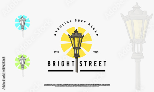  vintage bright street with lantern logo icon tamplate. retro street lamp hand drawn design illustration.