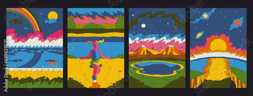 Hippie Art Style Landscapes, Psychedelic Art Backgrounds, Girl with Jump Rope, Sea, Mountains, Forest, Valley, Clouds and Rainbow