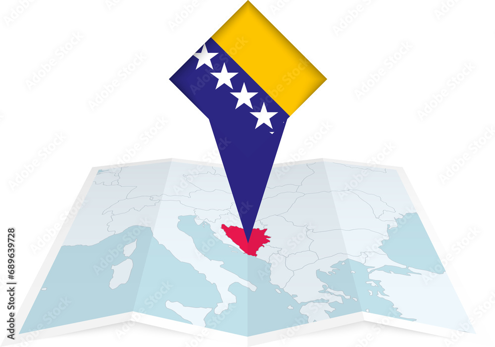 Bosnia and Herzegovina pin flag and map on a folded map Stock ...