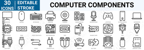 set of 30 line web icons computer components. PC, such as RAM memory, hdd, ssd cpu processor. Keyboard mouse headphone speakers, laptop monitor server. Webcam, printer. Editable stroke.