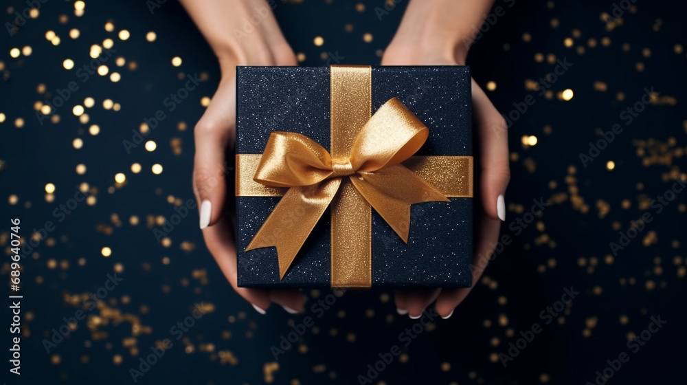 overhead view, womans hands holding a luxury gift box with gold large satin bow against a dark blue background created with Generative Ai overhead view, womans hands holding a luxury gift box with gold large satin bow against a dark blue background created with Generative Ai