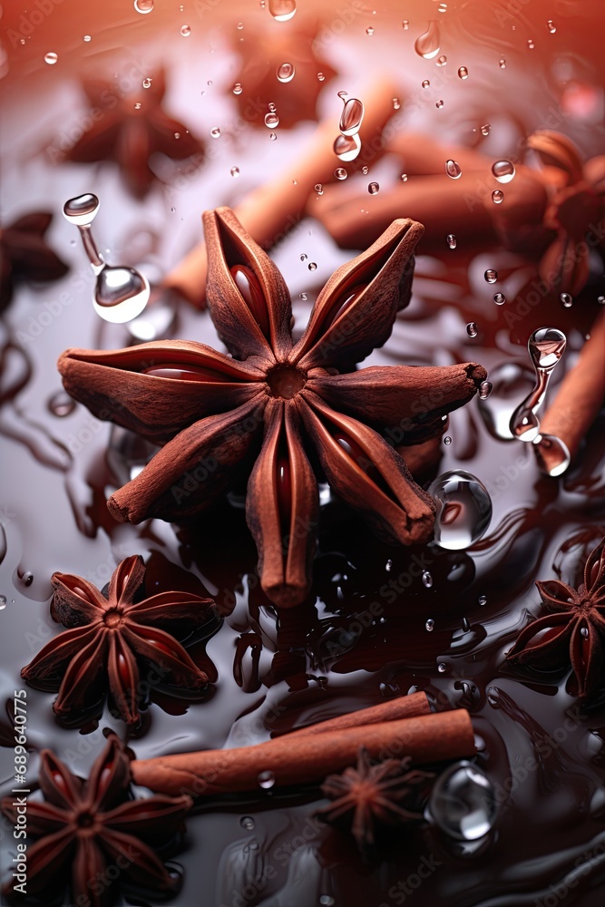 Anise, asian spice in splash of water. Closeup, macro shot. Ai Generative Anise, asian spice in splash of water. Closeup, macro shot. Ai Generative
