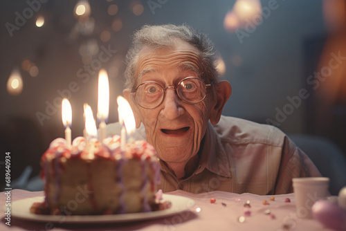 An elderly man sitting in front of his birthday cake