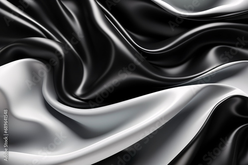 Black and white shiny silk cloth texture, silky smooth soft fabric, wavy liquid satin