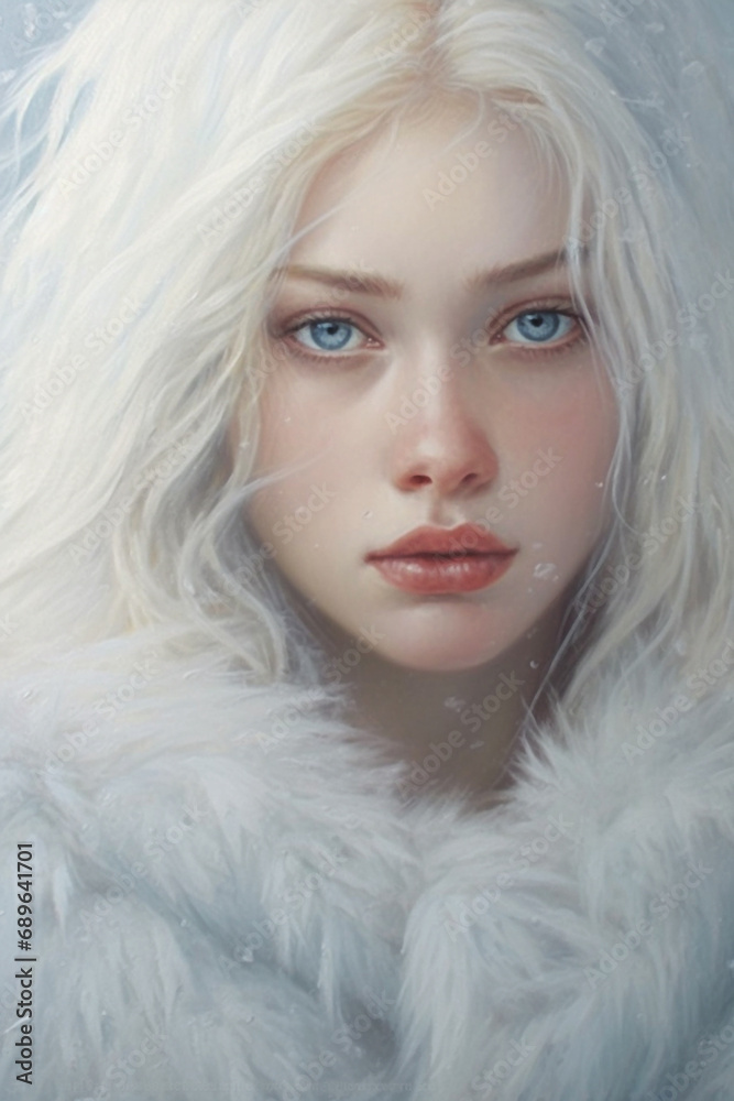 An albino girl with cold look wrapped in fur of coat in winter. Close-up. snow queen