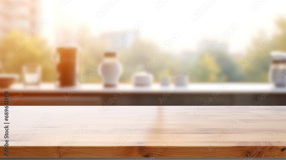 Empty wooden board with blurred kitchen background 