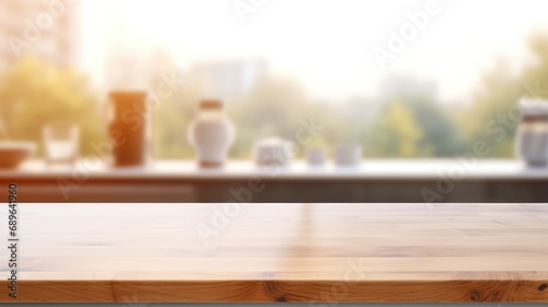 Empty wooden board with blurred kitchen background 