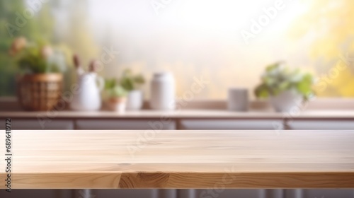 Empty wooden board with blurred kitchen background 