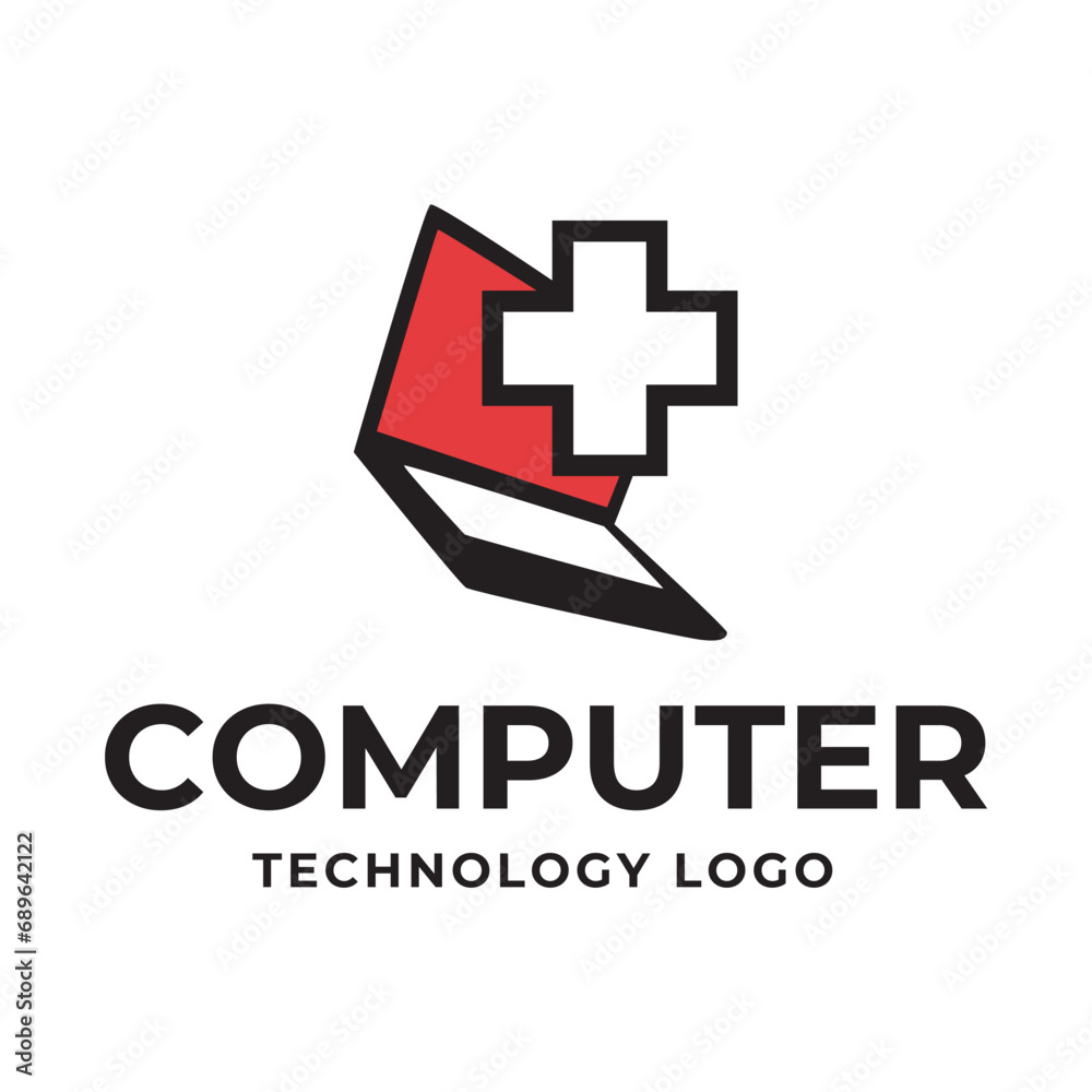 Fototapeta premium Computer logo design. Pc fix, repair, Computer maintenance service, software, Computer tech shop vector illustration isolated on white background
