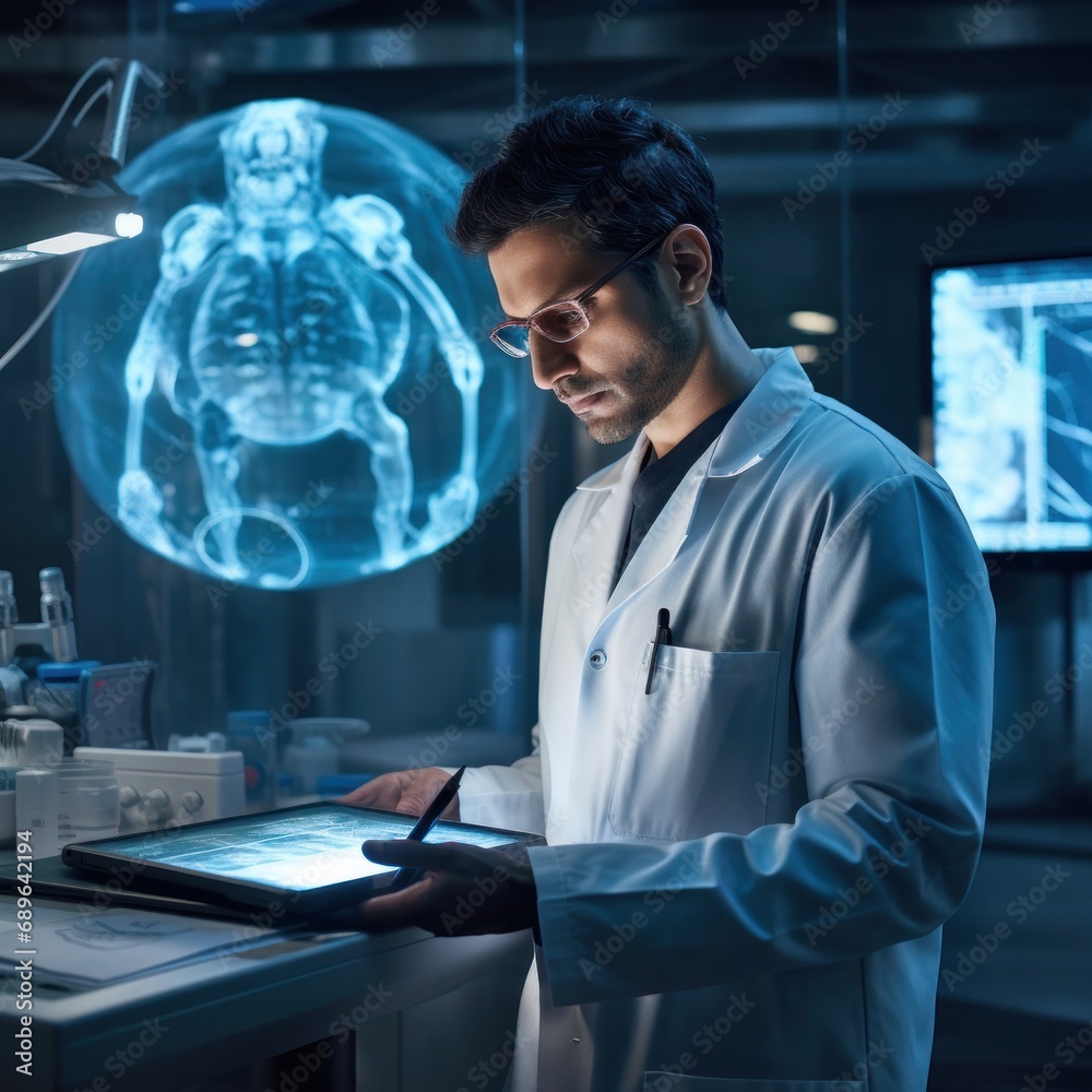 Researcher examines a holographic representation of human anatomy in a futuristic laboratory setting Researcher examines a holographic representation of human anatomy in a futuristic laboratory setting