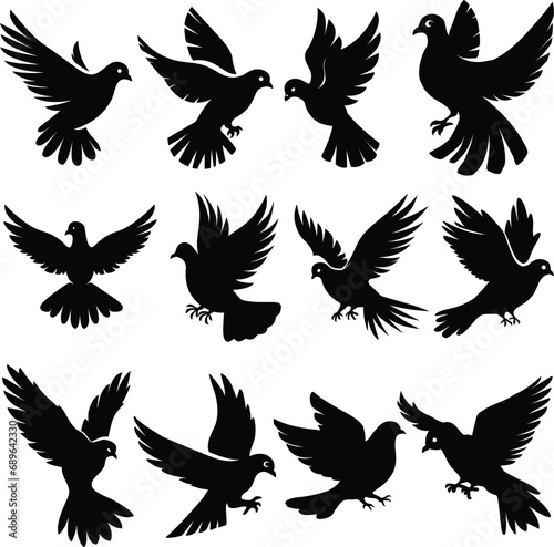 Flying dove silhouettes isolated pigeons set love and peace symbols © mobarok8888