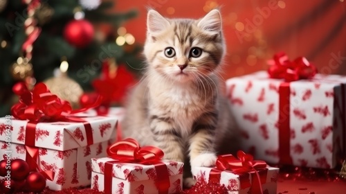 Adorable kitty with Christmas gift boxes. Cute cat in Christmas arrangement 