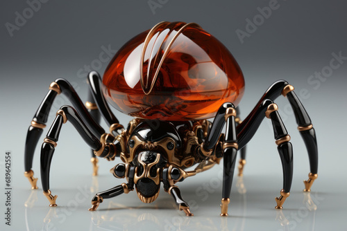 Artwork of a black spider made in liquid metal and black background. Generative AI.