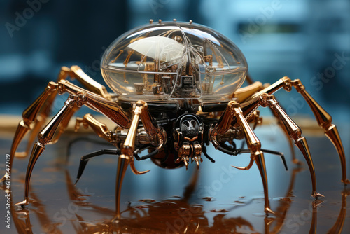 Work of art of a spider, made of liquid metal. Generative AI.