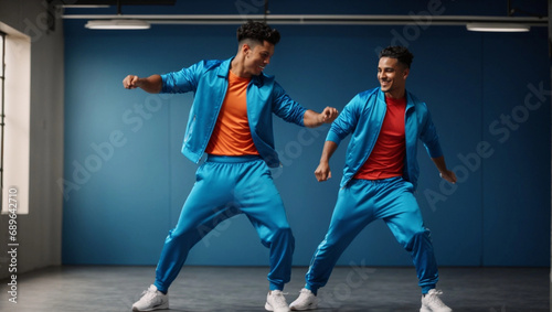 two stylish hispanic young smiling man dressed in sports bright blue modern clothes are dancing in the studio