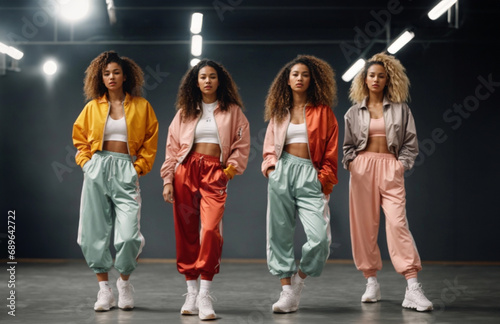 group multiracial stylish girls dressed in sports modern clothes are dancing in the studio