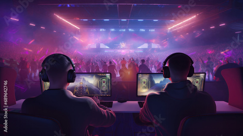 Gamers at a vibrant esports event, engaged in a competitive match with a live, enthusiastic audience in the background