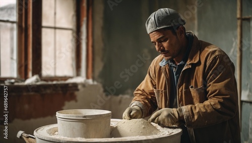 A construction worker adds plaster to a bucket and makes a plaster paste against the backdrop of a room being renovated photo