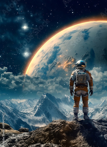 Astronaut auf Berg schaut auf einen Planeten am Himmel
