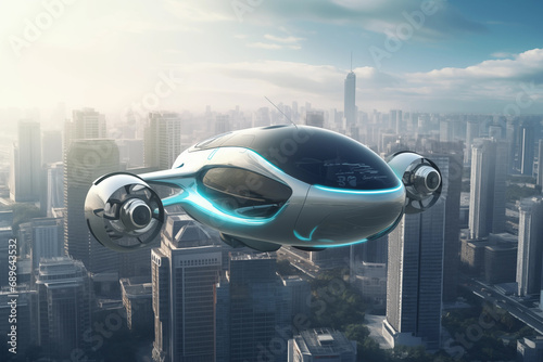 Flying car in sky. Electric air car flight above a cityscape. Future Flying Mobility. Futuristic Flying Transport. Urban Air Mobility, Flying unmanned car. Fly cars in drive in sky. Self driving