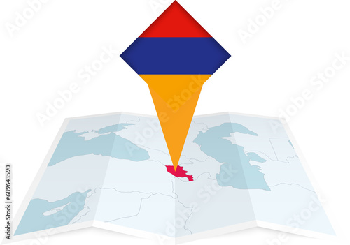 Armenia pin flag and map on a folded map