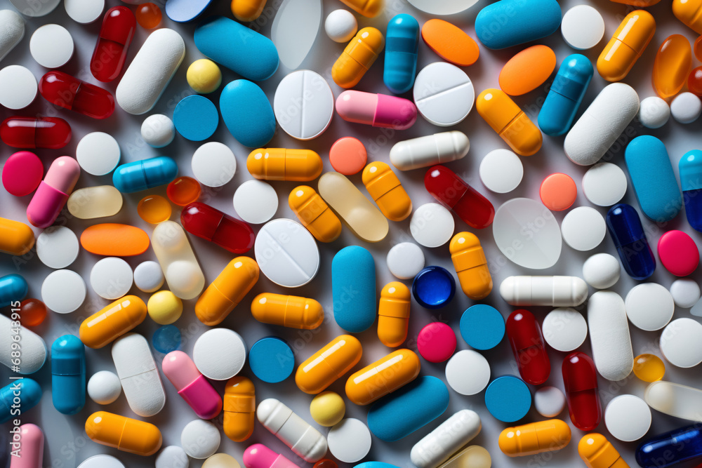 Pills, medication, psychotropic drugs, drug treatment, drug development, table full of pills seen from above