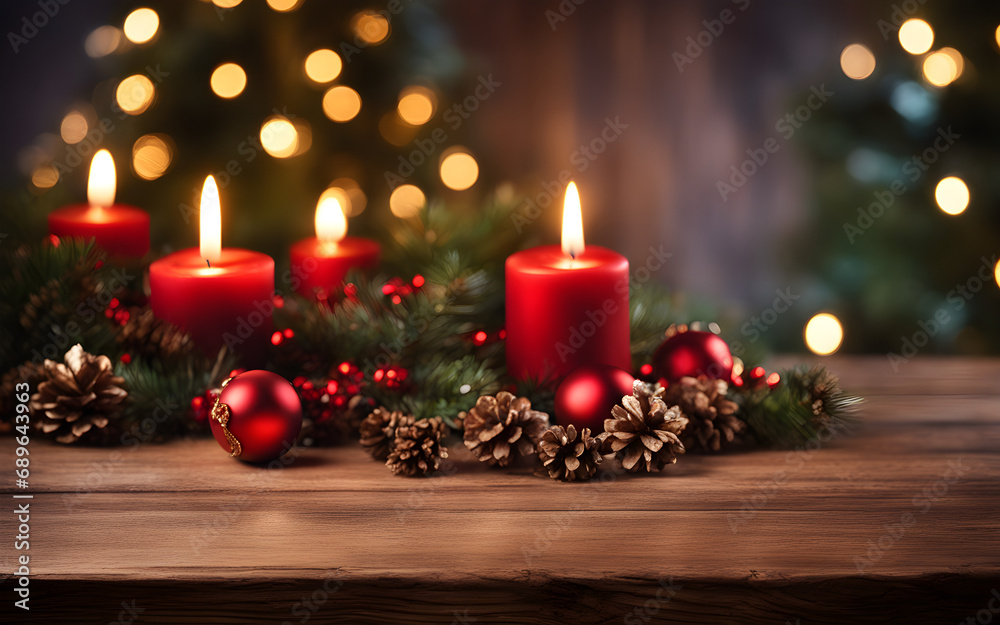 Empty wooden table with Christmas theme in background