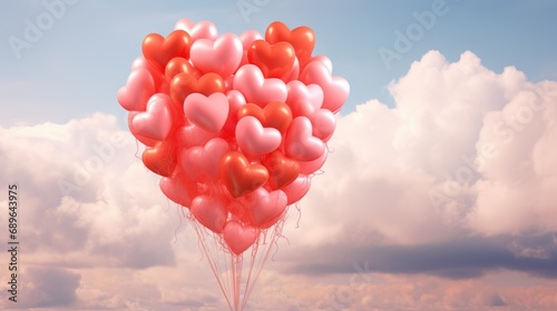 Bouquet of 100 balloons in the form of hearts in the clouds in the sky, with pronounced clouds, film photography, in a romantic style