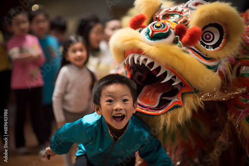 A child in awe during a captivating lion dance performance at a cultural festival. Chinese New Year