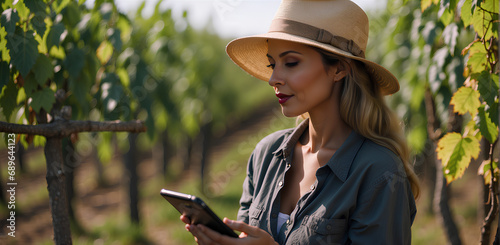 Modern winegrower woman with a tablet checking grapes status in vineyard.