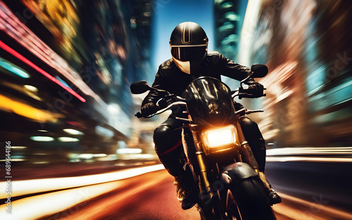 Photograph of a man with a helmet riding a motorcycle on the road in a city during the night