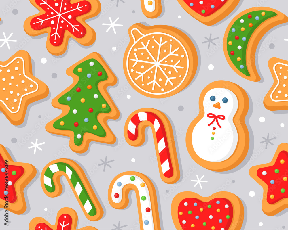 Seamless pattern with Christmas gingerbread cookies on a light gray background. Christmas tree, snowman, ball, candy, heart, snowflakes. Homemade Christmas cookies. Wrapping paper, decor, fabric. 